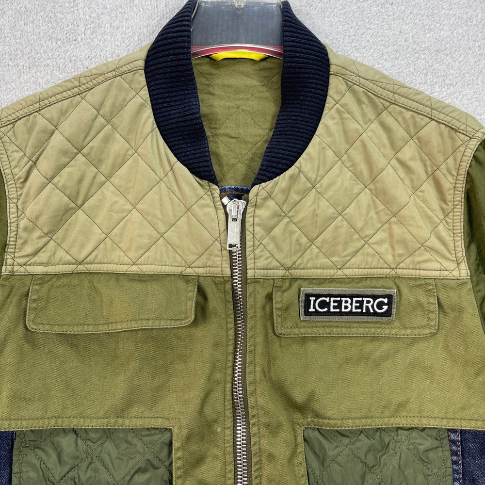 Iceberg Jacket Men XL Green Bomber Mixed Media Quilted Denim - Picture 3 of 11